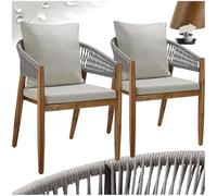 tectake® Silla de Jardín Elegante de Madera Acacia, Respaldo de Cuerda, Sillas Jardin Exterior, Cojines Desmontables, Muebles Terraza Exterior, Silla con Reposabrazos Cómoda - Set de 2 Beige Grisáceo