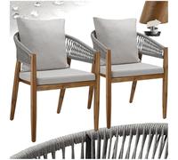 tectake® Silla de Jardín Elegante de Madera Acacia, Respaldo de Cuerda, Sillas Jardin Exterior, Cojines Desmontables, Muebles Terraza Exterior, Silla con Reposabrazos Cómoda - Set de 2 Beis Grisáceo