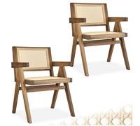 TecTake® Silla Estilo Boho, Ratán Vienés, con Reposabrazos, Madera Maciza, Silla Cocina, Muebles de Cocina, Muebles de Salon, Sillas de Comedor - 2 Unidades Roble Claro