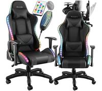 TecTake® Silla Gaming, Silla de Oficina Ergonómica con Función Masaje, Iluminación LED, Respaldo y Reposabrazos Ajustables, Silla Giratoria Reclinable, Silla para Escritorio y Gaming - Negro/Negro