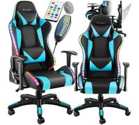 TecTake® Silla Gaming, Silla de Oficina Ergonómica con Función Masaje, Iluminación LED, Respaldo y Reposabrazos Ajustables, Silla Giratoria Reclinable, Silla para Escritorio y Gaming - Negro/Celeste