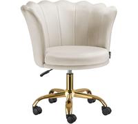 Tectake Silla giratoria 360º de terciopelo acolchada, ruedas dobles, crema/oro