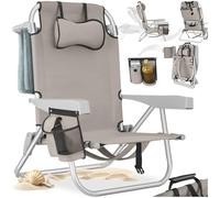tectake® Silla Playa Plegable con Respaldo Ajustable, Estructura de Aluminio, Función Mochila, Silla Camping Ligera, Ideal cómo Sillas Playa o Sillas Plegables Camping para Relax - 1 Unidad Beige