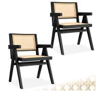 TecTake® Silla Retro Estilo Años 50, Ratán Vienés, con Reposabrazos, Madera Maciza, Silla Cocina, Muebles de Cocina, Muebles de Salon, Sillas de Comedor - 2 Unidades Negro