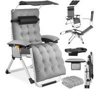 TecTake® Silla Tumbona Plegable para Playa y Jardín, Cojín Cabezal, Estructura de Acero, Mesa Auxiliar, Silla Camping, Incluye Parasol y Bolsillo, Silla Exterior Terraza - 1 Tumbona Gris Claro