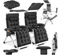 TecTake® Silla Tumbona Plegable para Playa y Jardín, Cojín Cabezal, Estructura de Acero, Mesa Auxiliar, Camping, Incluye Parasol y Bolsillo, Silla Exterior Terraza - 2 Tumbonas Negro