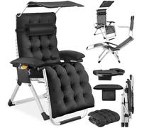 TecTake® Silla Tumbona Plegable para Playa y Jardín, Cojín Cabezal, Estructura de Acero, Mesa Auxiliar, Camping, Incluye Parasol y Bolsillo, Silla Exterior Terraza - 1 Tumbona Negro