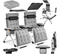 TecTake® Silla Tumbona Plegable para Playa y Jardín, Cojín Cabezal, Estructura de Acero, Mesa Auxiliar, Silla Camping, Incluye Parasol y Bolsillo, Silla Exterior Terraza - 2 Tumbonas Gris Claro