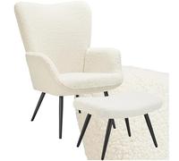 TecTake® Sillón Orejero Estilo Escandinavo, Butaca de Salón con Taburete, Tapizado en Tejido Bouclé, Sillón Lectura con Respaldo Ergonómico, Mueble de Salón, Topes en Patas, hasta 150kg - Crema/Negro