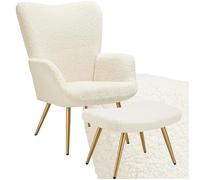 TecTake® Sillón Orejero Estilo Escandinavo, Butaca de Salón con Taburete, Tapizado en Tejido Bouclé, Sillón Lectura con Respaldo Ergonómico, Mueble Salón, Topes en Patas, hasta 150kg - Crema/Dorado
