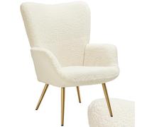 tectake® Sillón Tapizado Bouclé, Respaldo Ergonómico, Acolchado Grueso | Patas de Acero Lacadas, Tapones Antideslizantes, Sin Taburete, Estilo Ascandinavo Moderno, Montaje Fácil, Crema/Dorado