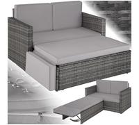 TecTake® Sofá de Ratán con Taburete Reposapiés, Conjunto Jardín Sillón 2 Plazas, Mueble Jardín Exterior con Cojines Gruesos, Conjunto Terraza Resistente a la Intemperie y Estructura en Acero - Gris