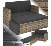 TecTake® Sofá de Ratán con Taburete Reposapiés, Conjunto Jardín Sillón 2 Plazas, Mueble Jardín Exterior con Cojines Gruesos, Conjunto Terraza Resistente a la Intemperie y Estructura en Acero - Natural
