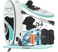 tectake® Tabla de Paddle Surf Hinchable, Incluye Remo 2 en 1, Asiento Incorporado de Kayak, SUP Hinchable, Bomba de Aire, Mochila Remo Doble y 3 Aletas, Tabla Hinchable, Carga Máx: 200kg - Blanco/Azul