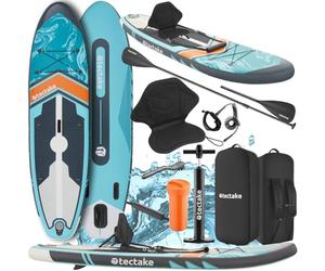 tectake® Tabla de Paddle Surf Hinchable, Incluye Remo 2 en 1, Asiento Incorporado de Kayak, Sup Hinchable, Bomba Aire, Mochila Remo Doble y 3 Aletas, Tabla Hinchable, Carga Máx: 200kg - Naranja/Azul