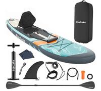 tectake® Tabla de Paddle Surf Hinchable, Incluye Remo 2 en 1, Asiento de Kayak, Bomba de Aire, Mochila de Transporte, Stand Up Paddle, Accesorios Paddle Surf, Padel Surf Hinchable - Naranja/Azul