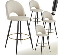 TecTake® Taburete Alto Cocina con Respaldo, Acolchado, Terciopelo Suave, Taburete Bar con Patas de Acero, Reposapiés y Pies Antideslizantes, Silla Cocina o Bar, Banqueta - 4 sillas, Crema/Negro