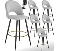 TecTake® Taburete Alto Cocina con Respaldo, Acolchado, Terciopelo Suave, Taburete Bar con Patas de Acero, Reposapiés y Pies Antideslizantes, Silla Cocina o Bar, Banqueta - 6 sillas, Gris Claro/Negro