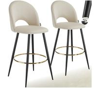 TecTake® Taburete Alto Cocina con Respaldo, Acolchado, Terciopelo Suave, Taburete Bar con Patas de Acero, Reposapiés y Pies Antideslizantes, Silla Cocina o Bar, Banqueta - 2 sillas, Crema/Negro