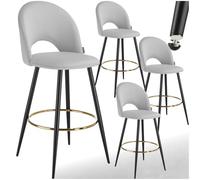 TecTake® Taburete Alto Cocina con Respaldo, Acolchado, Terciopelo Suave, Taburete Bar con Patas de Acero, Reposapiés y Pies Antideslizantes, Silla Cocina o Bar, Banqueta - 4 sillas, Gris Claro/Negro