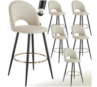 TecTake® Taburete Alto Cocina con Respaldo, Acolchado, Terciopelo Suave, Taburete Bar con Patas de Acero, Reposapiés y Pies Antideslizantes, Silla Cocina o Bar, Banqueta - 6 sillas, Crema/Negro