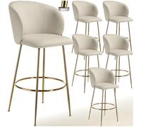 TecTake® Taburete Alto con Respaldo Acolchado, Silla Alta de Cocina con Reposapiés, Banqueta con Patas de Acero y Topes Antideslizantes, Silla de Bar, Taburete de Cocina - 6 sillas Crema/Oro