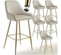 tectake® Taburete Alto con Respaldo, Acolchado, Terciopelo Suave, Patas Acero Galvanizado, Reposapiés, Pies Antideslizantes, Altura Ajustable, Montaje Sencillo, Silla Cocina o Bar - 6 sillas crema/oro