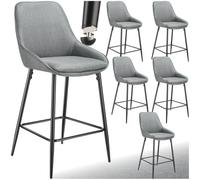 TecTake® Taburete Alto con Respaldo, Taburete Cocina con Reposapiés, Silla de Bar Alta, Patas de Acero, Topes Antideslizantes y Regulables, Montaje Rápido, Banqueta - 6 sillas Tejido, Gris/Negro