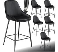 TecTake® Taburete Alto con Respaldo, Taburete Cocina con Reposapiés, Silla de Bar Alta, Patas de Acero. Topes Antideslizantes y Regulables, Montaje Rápido, Banqueta - 6 sillas Terciopelo, Negro/Negro
