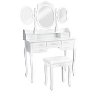 TecTake® Tocador de Maquillaje con Taburete Madera, 3 Espejos Ovalados, 7 Cajones Espaciosos, Adornos de Rosas, Estilo Clásico, Elegante, Lacado en Blanco, Mujer, Espejo Tocador - Blanco