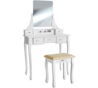 Tectake Tocador estilo clásico con espejo, taburete y 5 cajones blanco