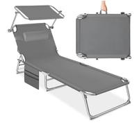 tectake® Tumbona 190x68x111 cm, Plegable, Ajustable 6 Posiciones, Resistente a Intemperie, Transpirable, con Toldo, Reposacabezas, Bolsillo Lateral y Asa Transporte; Tumbona Jardín y Acampada - Gris