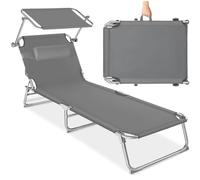 tectake® Tumbona 190x68x111 cm, Plegable, Ajustable en 4 Posiciones, Resistente a Intemperie, Transpirable, con Toldo, Reposacabezas y Asa de Transporte; Tumbona para Jardín, Piscina y Terraza - Gris