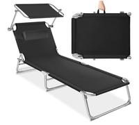 tectake® Tumbona 190x68x111 cm, Plegable, Ajustable en 4 Posiciones, Resistente a Intemperie, Transpirable, con Toldo, Reposacabezas y Asa de Transporte; Tumbona para Jardín, Piscina y Terraza - Negro