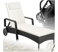 TecTake®, Tumbona Chaise Longue, Ajustable de Poliratán con Ruedas, Mueble Exterior Sofa Acolchado para Jardín y Terraza, 6 Posiciones, Fácil de Limpiar, Moderno, Hamaca de Jardín - Negro/Beige