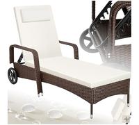 TecTake®, Tumbona Chaise Longue, Ajustable de Poliratán con Ruedas, Mueble Exterior Sofa Acolchado para Jardín y Terraza, 6 Posiciones, Fácil de Limpiar, Moderno, Hamaca de Jardín - Marrón/Blanco