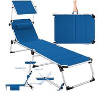 tectake Tumbona con techo, tumbona plegable con almohada + bolsillo lateral, plegable, fácil de transportar, tumbona de playa, tumbona plegable para jardín, tumbona de camping, color azul