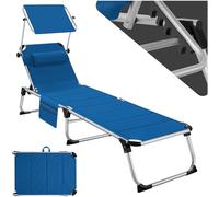 TecTake® Tumbona de Jardín Exterior de Aluminio Plegable con Reposacabezas, Parasol y Bolsillo Lateral - Reclinable en 6 Posiciones, Resistente a Intemperie - Azul
