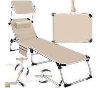 TecTake® Tumbona de Jardín Exterior de Aluminio Plegable con Reposacabezas, Parasol y Bolsillo Lateral - Reclinable en 6 Posiciones, Resistente a Intemperie - Beige