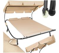TecTake® Tumbona Doble de Jardín, Tumbona de Playa con Parasol Plegable, Tumbona de Piscina para Dos, Tumbona Jardín Exterior con 2 Ruedas y Cojines, Fácil Montaje, Interior y Exterior - Negro/Beige