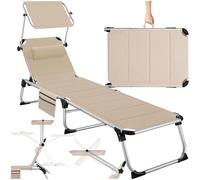 TecTake® Tumbona Jardín Exterior de Aluminio, Tumbona Plegable con Reposacabezas, Parasol y Bolsillo Lateral, Tumbona Playa Reclinable en 6 Posiciones, Tumbona Piscina Resistente a Intemperie - Beige