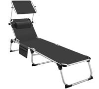 TecTake® Tumbona Jardín Exterior de Aluminio, Tumbona Plegable con Reposacabezas, Parasol y Bolsillo Lateral, Tumbona Playa Reclinable en 6 Posiciones, Tumbona Piscina Resistente a Intemperie - Negro
