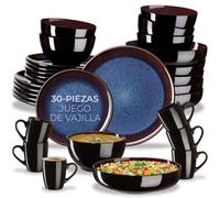 tectake® Vajilla Completa para 6 Personas, Diseño Marítimo, Aptas para Lavavajillas y Microondas, Platos Vajilla, Cuencos y Tazas de Cafe, Vajillas Completas Modernas - 30 Piezas Azul Marrón
