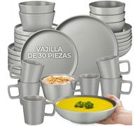 tectake® Vajilla de Gres 30 Piezas para 6 Personas, Estilo Urbano, Apilable | Apta para Lavavajillas y Microondas, Piezas Apilables, Set de 30 Unidades con Platos Llanos y Hondos, Gris