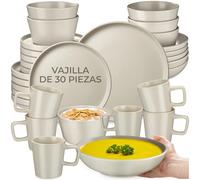 tectake® Vajilla de Gres 30 Piezas para 6 Personas, Estilo Urbano, Apilable | Apta para Lavavajillas y Microondas, Piezas Apilables, Set de 30 Unidades con Platos Llanos y Hondos, Gris Topo