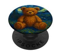 Teddy Bear on Starry Night Painting Illustration Graphic PopSockets PopGrip Adhesivo