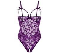 Teddy Bodysuit Women Sex Fashion Lace Halter Costume Perspective Low Cut Erotic Lingerie Sets For A-Purple S
