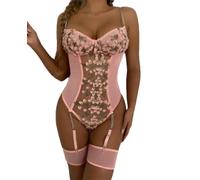 Teddy Bodysuit Women Sex Fashion Low Cut Lace Halter Costume Perspective Erotic Lingerie Sets For A-Pink S