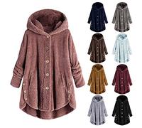 Teddy - Chaqueta de forro polar para mujer, de gran tamaño, con capucha, chaqueta larga de felpa, elegante chaqueta de invierno, forrada cálida, abrigo de invierno con botones, chaqueta de peluche