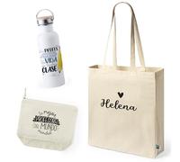 TEDEDIKO PACK REGALO PARA PROFESORA Botella De Agua Acero inoxidable, Bolsa de Algodón PERSONALIZADA y Neceser de Algodón Multiusos- Frase Motivadora - Agradecimiento Fin de curso Maestra